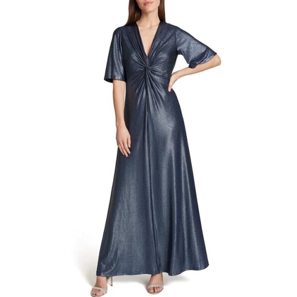 Tahari ASL Knit Jersey-Foil Knot-Front A-Line Gown, Navy Blue - Picture 1 of 2